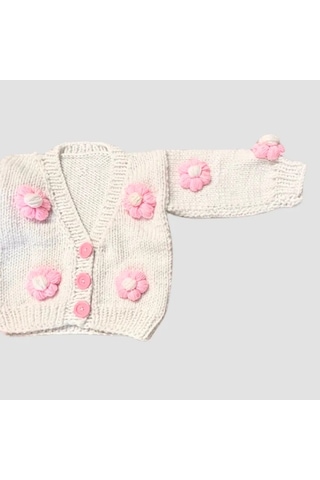 Uretti - Gülnur 2184 - El Örgüsü Pembe Çiçekli Kız Çocuk Hırka 2 Yaş - Beyaz Beyaz