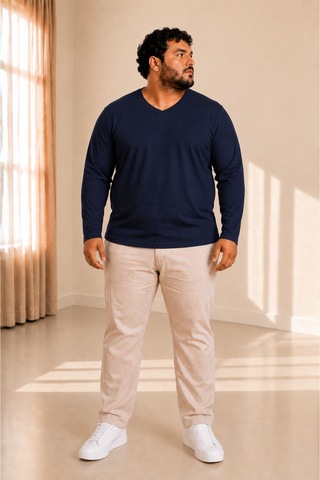 Sngl Tekstil Erkek Büyük Beden Oversize Uzun Kollu V Yaka T-shirt 3xl 4xl 5xl 6xl 7xl 8xl 9xl Lacivert