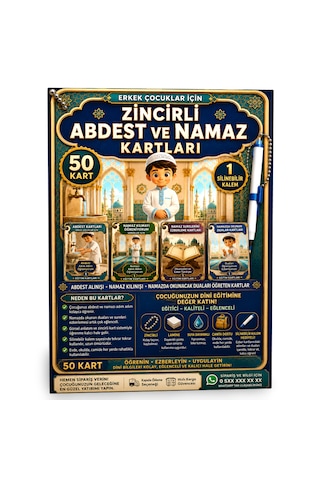 Erkek Çocuklar İçin Zincirli Abdest Ve Namaz Kartları 50 Kart + Silinebilir Kalem