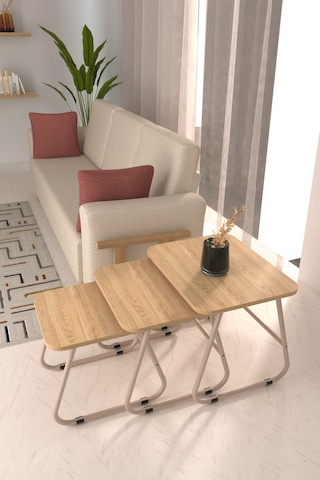 Vilinze Zigana Çok Amaçlı Vizon Metal Ayak 3'lü Naturel Mdf Zigon Sehpa Vizon-naturel