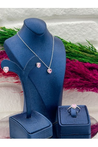 925 Ayar Gümüş Pembe Kuvars Taşlı Özel Tasarım 3 Lü Trend Kadın Takı Seti Gümüş
