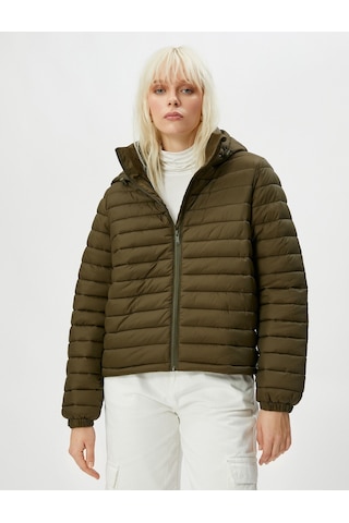 Koton Kısa Şişme Mont Kapüşonlu Fermuarlı Kolları Lastikli Haki 4wak20127ew 4WAK20127EW876 Haki