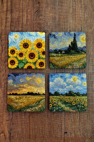 Doğal Taş Bardak Altlığı - Van Gogh Aı Eserleri Baskılı 10x10cm Yapay Zeka Stone Coasters 478 Çok Renkli