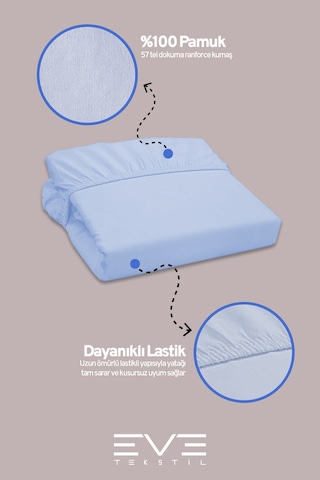 Eve Tekstil %100 Doğal Pamuk Tek Kişilik Rainforce Kumaş Lastikli Çarşaf Ve Yastık Kılıf Set Mavi