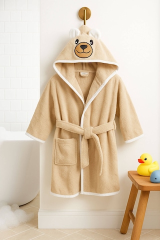 Kapşonlu Hayvan Desenli Çocuk Banyo Deniz Plaj Bornozu %100 Pamuklu Bej
