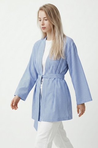Saade Sââde Kadın Dikey Çizgili Geniş Kollu Şık Yazlık Relaxed Kimono Mavi