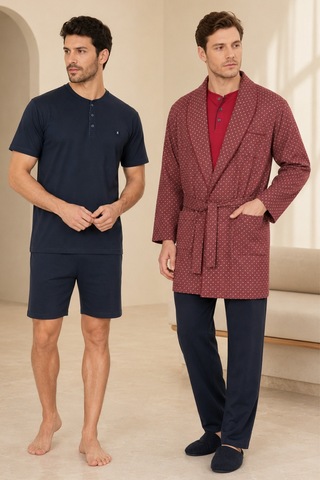 Loule Erkek Bordo Desenli Robdöşambr Ve Pijama Takımı 5 Parça