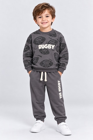 Ahengim Erkek Çocuk Rugby Topu Baskılı Pamuklu Sweatshirt Ve Pantolon Eşofman Takımı Ak119 Gri
