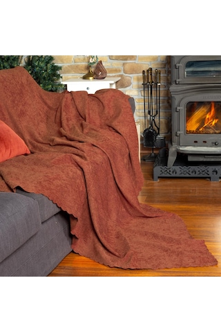 Jakarlı Şönil Koltuk Örtüsü Kanepe Örtüsü Koltuk Şalı 175x300 Kaymaz Kiremit Kiremit