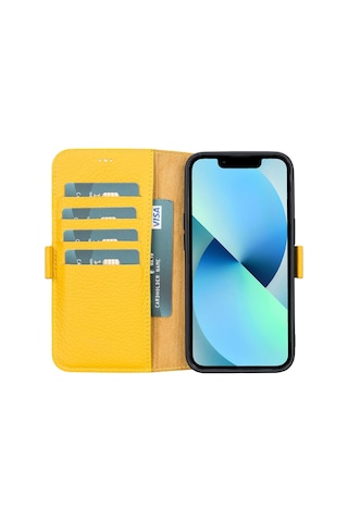 Apple Uyumlu iPhone 13 Deri Cüzdanlı Kılıf Limon Sarı