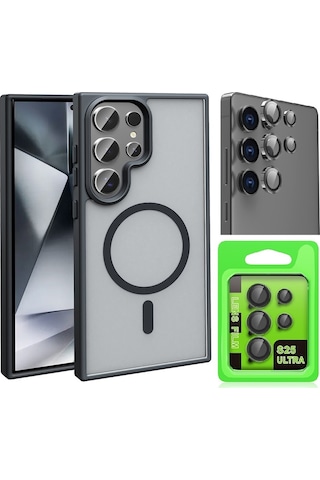 Vendas Samsung Uyumlu Galaxy S25 Ultra Kılıf M-safe Şarj Özellikli Mat Arka Yüzey Zore Sio Kapak + Kamera Lens Koruyucu Siyah