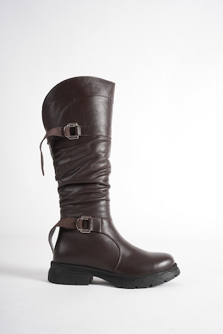 Analin Shoes Kadın Hakiki Deri Büzgü Detaylı Tokalı Fermuarlı Uzun Çizme Kahve