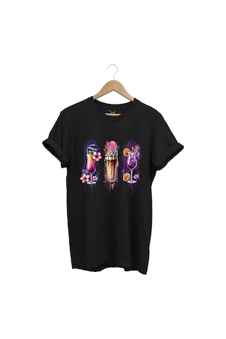 Milkshake Ve Kokteyl Temalı Renkli Yaz Baskılı %100 Pamuk Unisex Regular Fit T-shirt Siyah