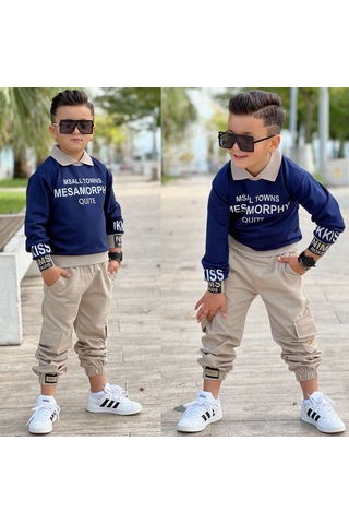 Modavals Gömlek Yaka Sweatshırt Ve Gabardin Kargo Pantolon Erkek Çocuk Kombin Lacivert