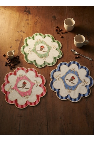 Mavi Yeşil Kırmızı 3 Lü Pip Studio Uyumlu Nakışlı Kuş Detaylı Kokteyl Sunum Peçetesi Seti 15x15cm Çok Renkli