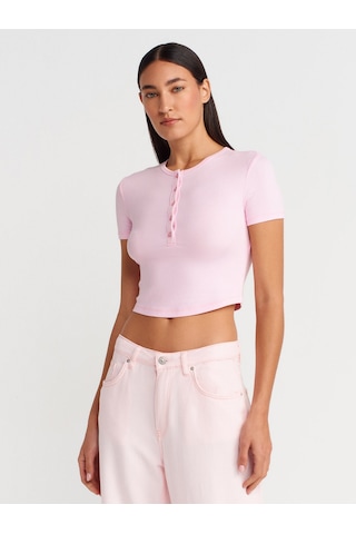 Dilvin 31647 Düğme Detaylı Crop Top-açık Pembe Açık Pembe