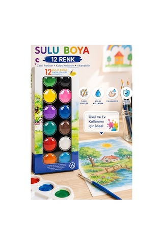 12 Renk Sulu Boya 28mm 1 Paket Ark 12 Li Suluboya Fırça Hediyeli Canlı Renkler Kaliteli Yıkanabilir Zararsız Çok Renkli