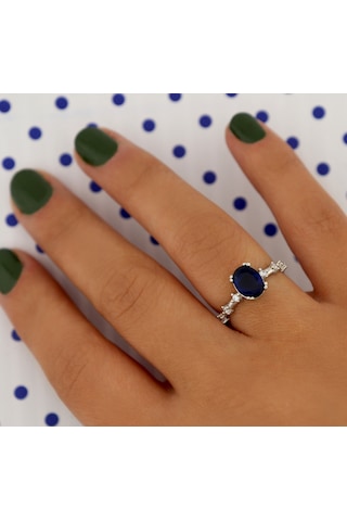925 Ayar Gümüş Yüzük Oval Safir Vintage Yüzük
