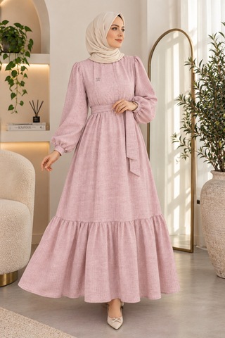 Maşuka Toz Pembe Nada Kumaş Kuşaklı Broş Detaylı Yazlık Bohem Elbise Toz Pembe Toz Pembe