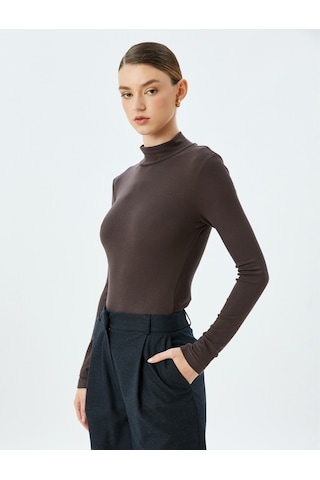Koton Slim Fit Alttan Çıt Çıt Düğme Kapamalı Dik Yaka Viskon Uzun Kollu Body Kahverengi 5wak50224ek Kahve