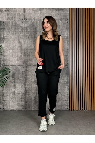 Ahes Shopping Kadın Askılı Yuvarlak Yaka Viskon Iki Iplik Bluz Ve Eşofman Altı Ikili Takım Siyah