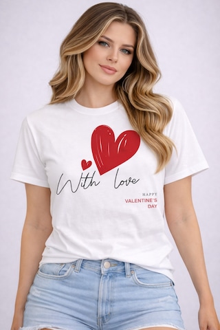 Herkesemoda White Love Baskı Detaylı Basic T-shirt Beyaz