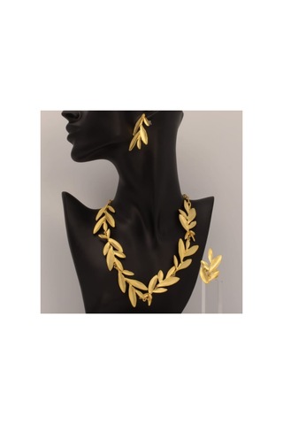 Lunarie Mat 14k Gold Zeytin Yaprağı Kolye Küpe Takı Seti Altın