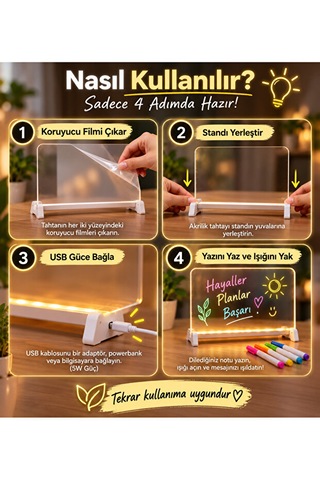 Led Işıklı Yazı Tahtası Akrilik Not Panosu Usb 5w Masaüstü Dekoratif Gece Lambası Şeffaf