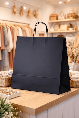 Elit Burgu Saplı Kraft Çanta Siyah Fsc Sertifikalı Kağıt Poşet Butik Hediye Torbası 36x12x41 Cm 50li