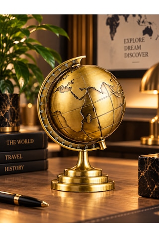 Dekoratif Metal Dünya Küresi Gold