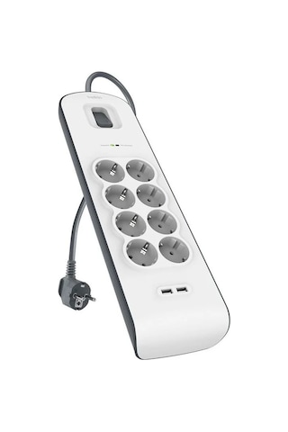 Belkin BSV804VF2M 2xUSB 2.4A Girişli 8'li Akım Korumalı Priz 2 Metre Beyaz