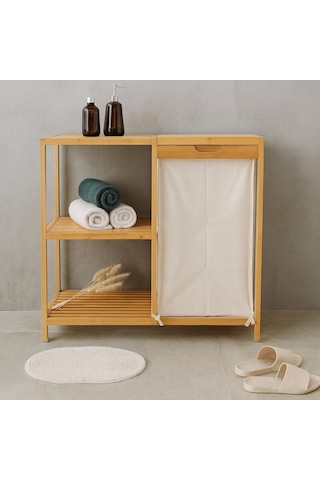 Bambu 3 Raflı Kirli Çamaşır Sepeti Kapaklı & Kumaş Torbalı Doğal Ahşap Banyo Düzenleyici Çok Renkli