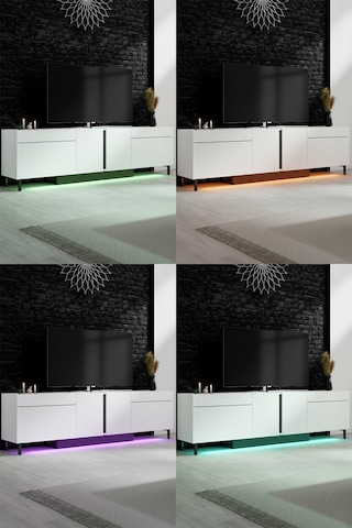 Paris Siyah Demir Ayaklı Rgb Led Işık Sistemli Beyaz Tv Ünitesi Tv Sehpası Beyaz - Siyah