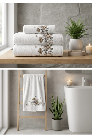 Bambu Pamuk Çiçek Nakışlı 50 X 90 Cm Nakışlı El Havlusu Açık Bej