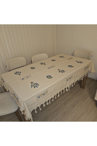 Desenli El Baskısı El Boyaması Masa Örtüsü 150x210 Beyaz