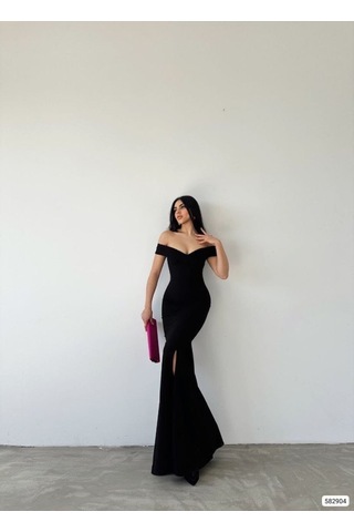 Suma Kadın Madonna Yaka Krep Maksi Boy Elbise Siyah Xs Beden