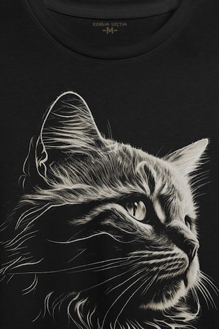 Bıyıklı Kedi Minimal Çizim 3d Efektli Realist Sepya Siyah Baskılı Tişört Unisex T-shirt 001