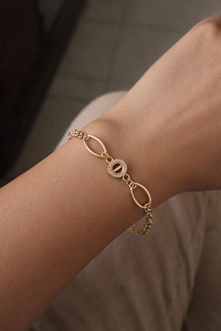Çelik Zincirli Gold Zirkon Bileklik Gümüş + Altın