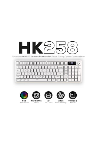 Hk258 Membrane Lcd Rgb Kablosuz/bluetooth Beyaz Full Türkçe Gaming Oyuncu Klavye
