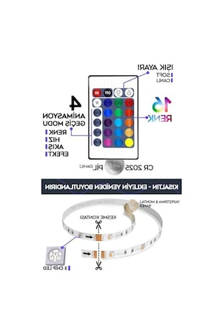 3 Metre Uzunlukta Rgb Led, 16 Renkli Ve 4 Animasyonlu Açık Gri