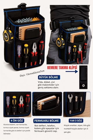 Bel Tipi Alet Çantası Hırdavat Çantası Çivi Vida Dübel Kesesi Çok Fonksiyonlu Organizer 13cmx22cmx7cm