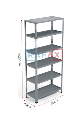 Rafax, 40x90xH:200, 6 Raflı Çelik Raf, Depo Rafı, Arşiv Rafı Gri