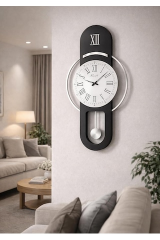 Hareketli Sarkaç, Cam Yüzeyli, Metal Halkalı, Dekoratif Duvar Saati - Roma 70cm Siyah Gümüş Diğer