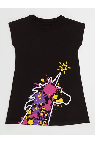 Denokids Mushi Unicorn Splash Kız Çocuk Elbise Siyah