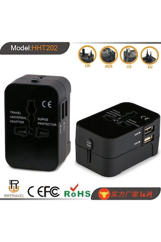Youmex Hht202 Evrensel Seyahat Şarj Adaptörü - Siyah, 6 Fişli, 2 Usb 2.1a, 1350w, Çakışma Korumalı, Ce Fcc Rohs Onaylı