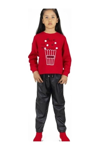 Kız Çocuk Popcorn Baskılı Sweatshirt-13493 Kırmızı