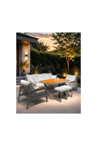 Garden Balkon Takımı, Gri İskelet Gri Kumaş Bahçe Takımı 5+1 Masa 70x110 3lü Koltuk 70x180 2 Tekli Koltuk 70x70 2 Adet Puf
