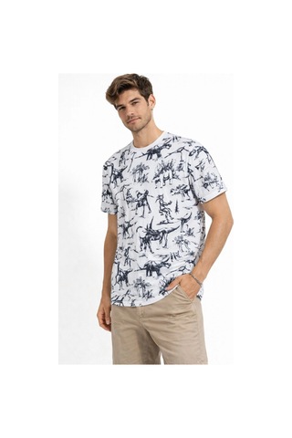 Barlashive Erkek Dinozor Dijıtal Ön Ve Arka Baskılı Tişört Bisiklet Yaka T-shirt - Beyaz Çok Renkli
