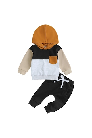 Siyah Yürümeye Başlayan Erkek Bebek Giysileri 3 6 9 12 18 Ay 2t 3t Renk Bloğu Hoodie Pantolon Seti Güz Kış Kıyafet Giyim 2 - 3 Yaş Siyah