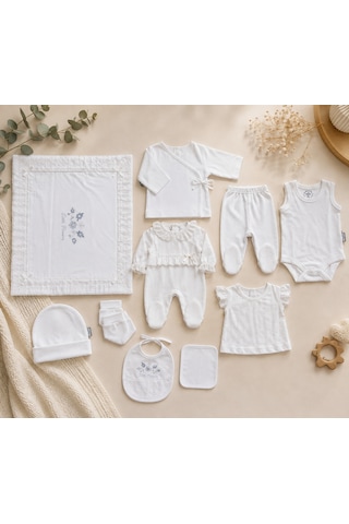 Babyhola Dantel Detaylı %100 Pamuk Yenidoğan Kız Bebek Kutulu Hastane Çıkışı Set Hediyelik 15261 Ekru